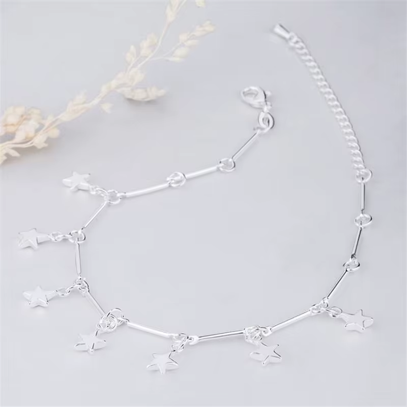 925 Sterling Silver Anklet - Pentagram Charm Ankle Chain Bracelet | Beach Barefoot Sandal Jewelry