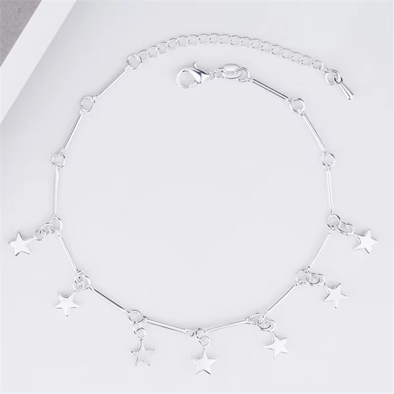 925 Sterling Silver Anklet - Pentagram Charm Ankle Chain Bracelet | Beach Barefoot Sandal Jewelry