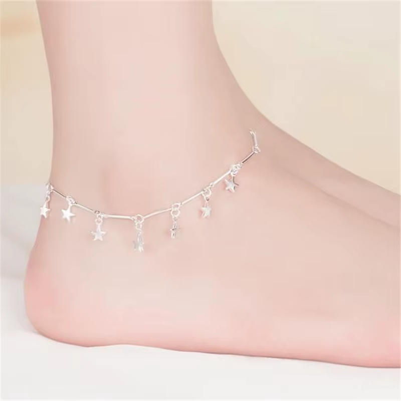 925 Sterling Silver Anklet - Pentagram Charm Ankle Chain Bracelet | Beach Barefoot Sandal Jewelry