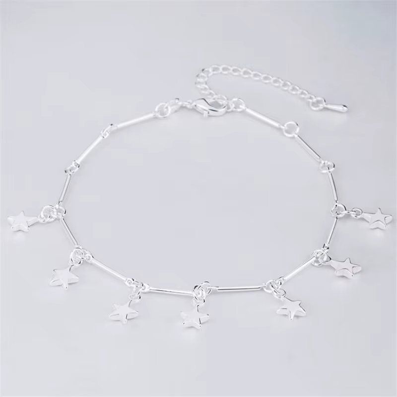 925 Sterling Silver Anklet - Pentagram Charm Ankle Chain Bracelet | Beach Barefoot Sandal Jewelry