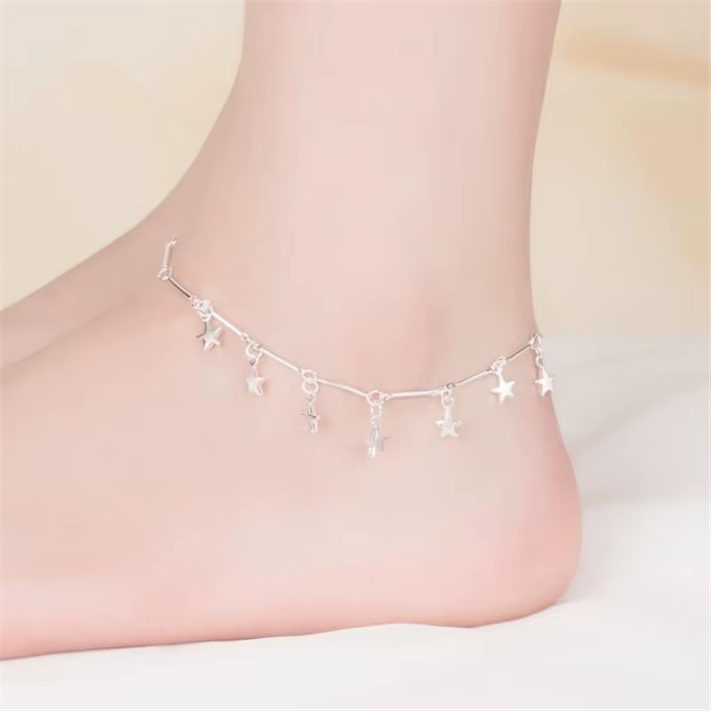 925 Sterling Silver Anklet - Pentagram Charm Ankle Chain Bracelet | Beach Barefoot Sandal Jewelry