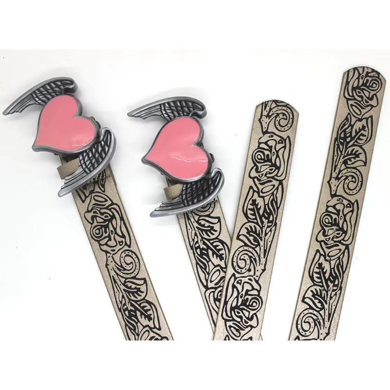 Y2K Cowboy Waist Belt - Pink Heart Engraved Buckle | Vintage Hot Girl Oversize Chain Belt