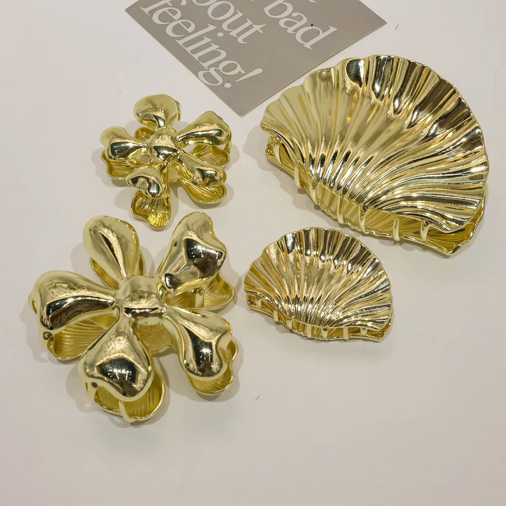 Gold Metal Hair Claw Clips Set - Shell Flower Shaped Big Jaw Clips | Retro Luxury Hair Accessories