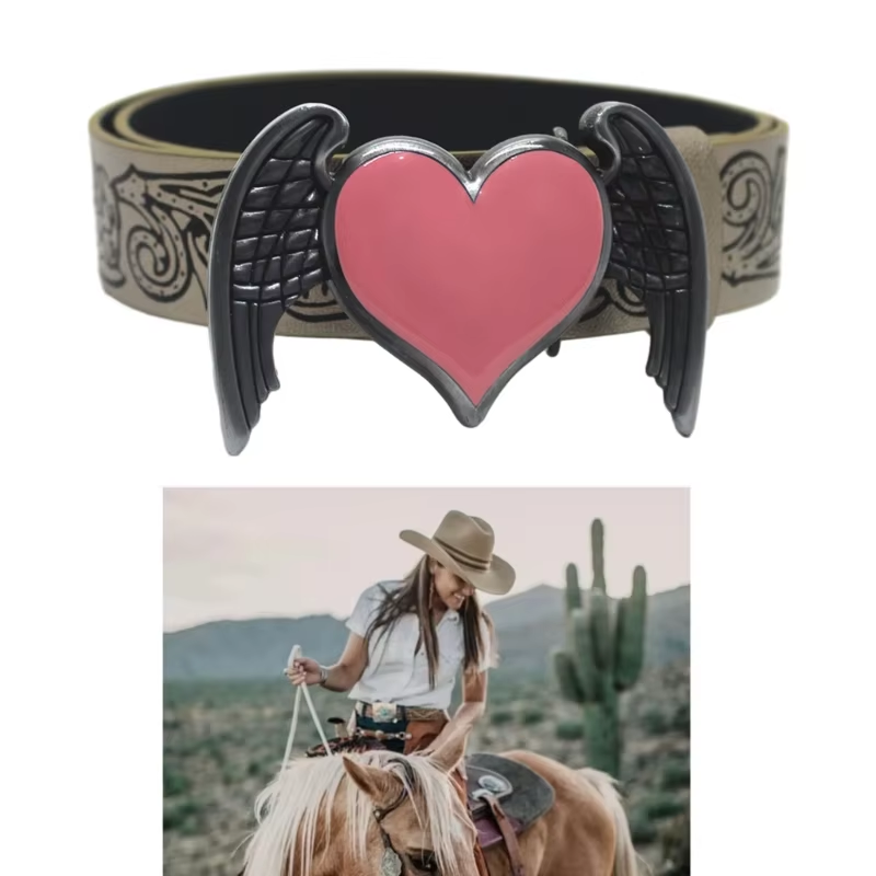 Y2K Cowboy Waist Belt - Pink Heart Engraved Buckle | Vintage Hot Girl Oversize Chain Belt