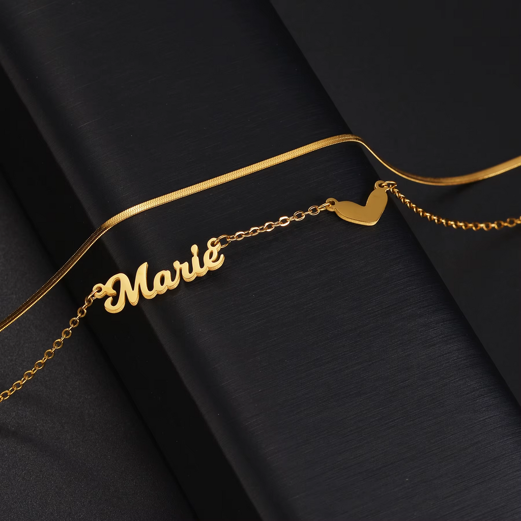 Custom Name Necklace - Personalized 2-Layer Heart Stainless Steel Choker | Birthday Gift Jewelry