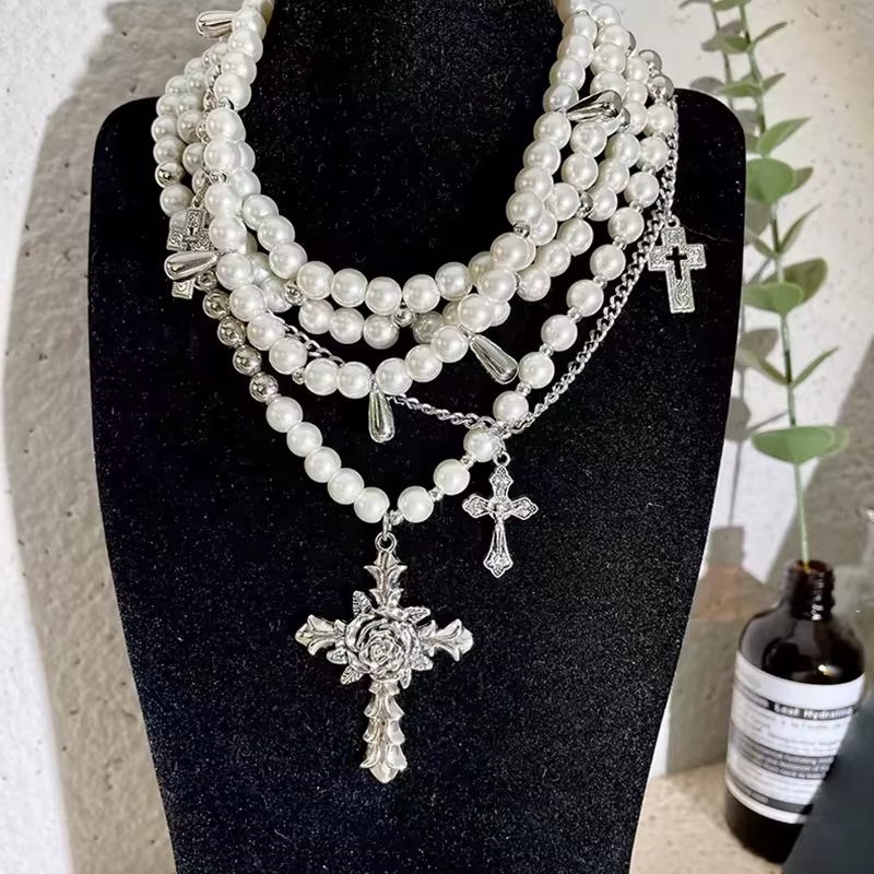 Y2K Pearl Cross Necklace Set - Multi-Layer Choker Charms | Korean Punk Goth Jewelry for Women