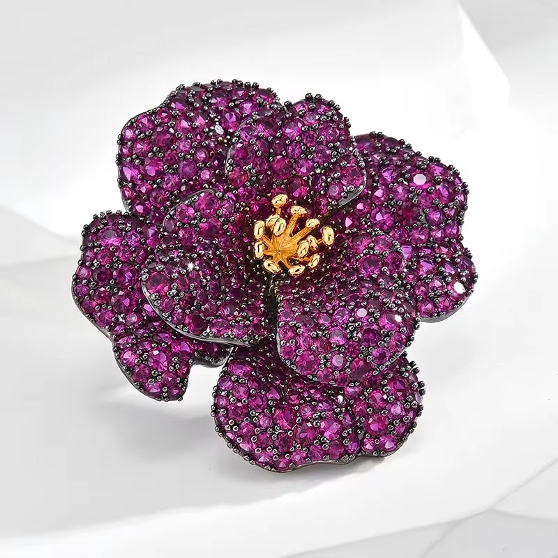 Vintage Camellia Brooch - Cubic Zirconia Yellow Gold Plated Pin | Elegant Fashion Jewelry for Women