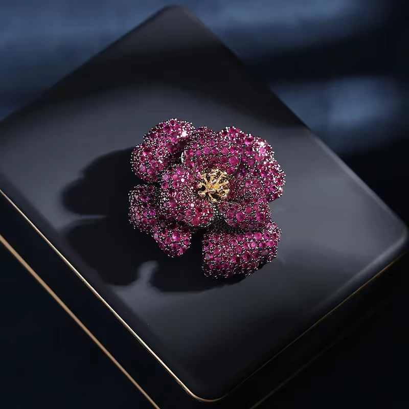 Vintage Camellia Brooch - Cubic Zirconia Yellow Gold Plated Pin | Elegant Fashion Jewelry for Women