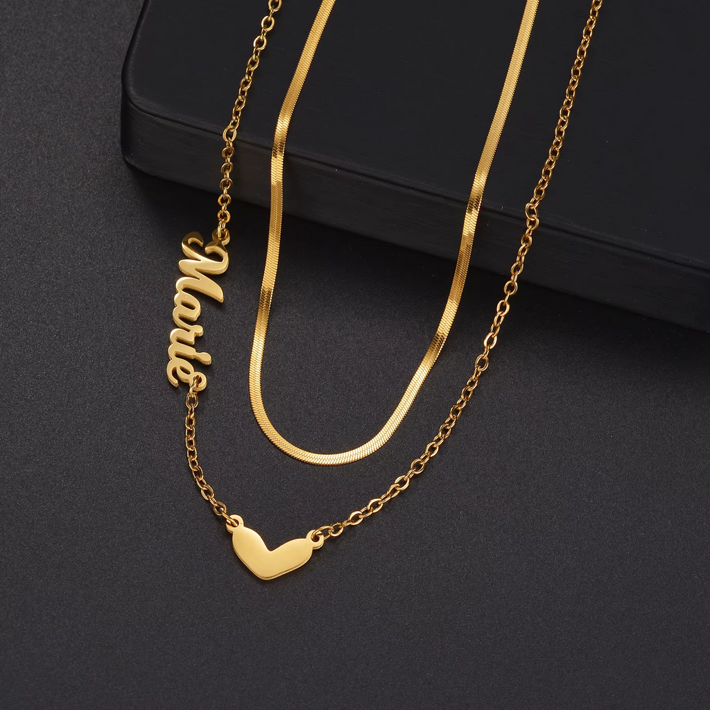 Custom Name Necklace - Personalized 2-Layer Heart Stainless Steel Choker | Birthday Gift Jewelry