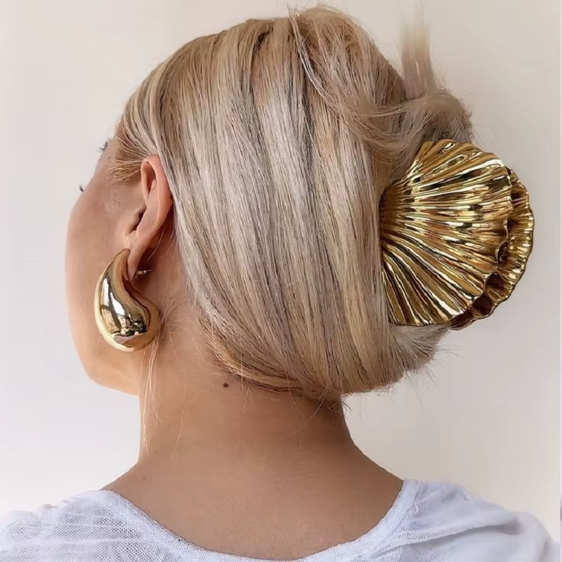 Gold Metal Hair Claw Clips Set - Shell Flower Shaped Big Jaw Clips | Retro Luxury Hair Accessories