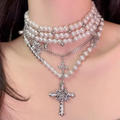 Y2K Pearl Cross Necklace Set - Multi-Layer Choker Charms | Korean Punk Goth Jewelry for Women
