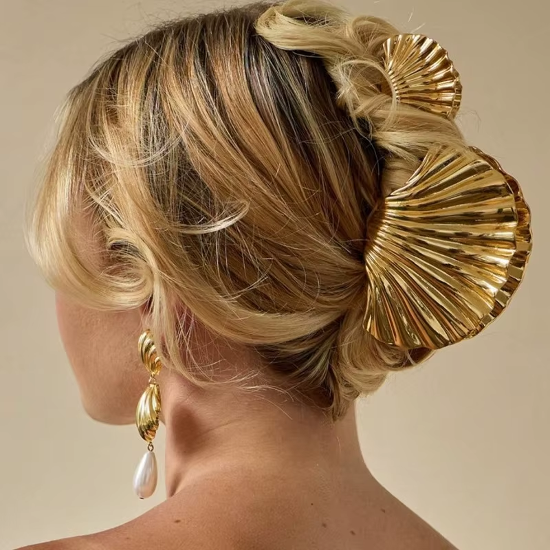 Gold Metal Hair Claw Clips Set - Shell Flower Shaped Big Jaw Clips | Retro Luxury Hair Accessories