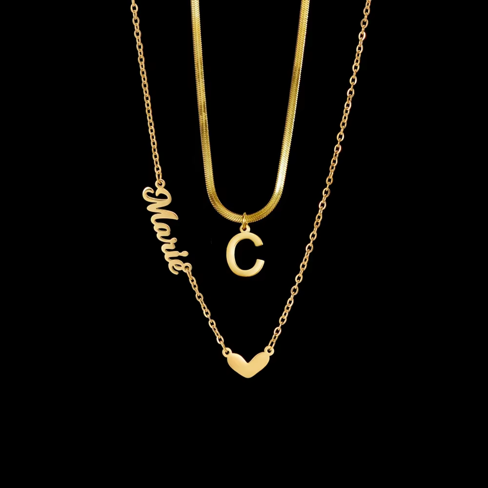 Custom Name Necklace - Personalized 2-Layer Heart Stainless Steel Choker | Birthday Gift Jewelry