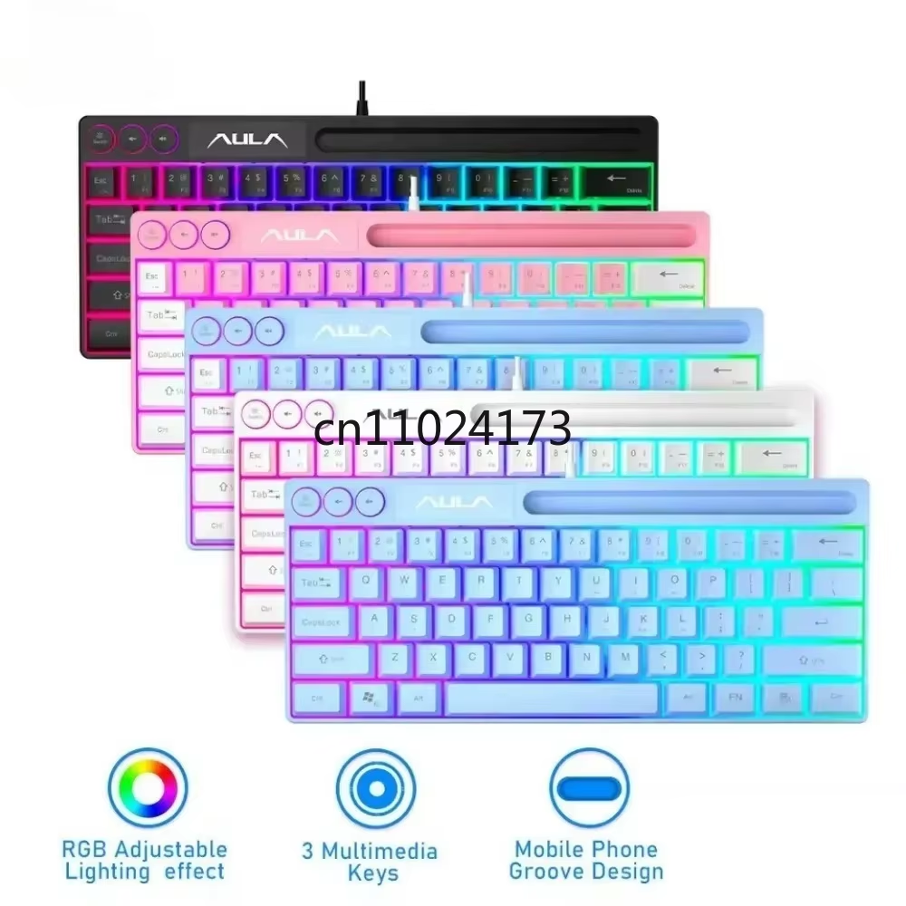 AULA F3061 RGB Gaming Keyboard - 64-Key Mechanical Feel, Wired Backlit Mini Keyboard with Phone Slot