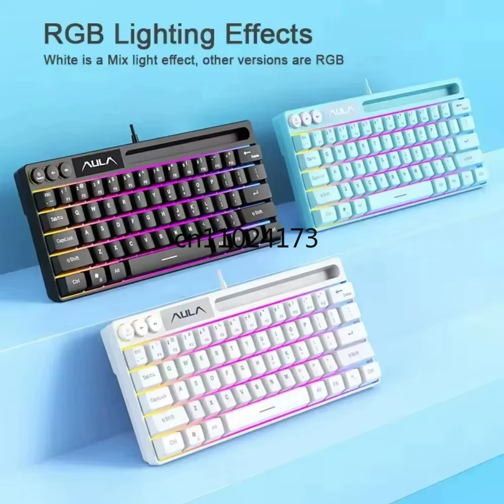 AULA F3061 RGB Gaming Keyboard - 64-Key Mechanical Feel, Wired Backlit Mini Keyboard with Phone Slot
