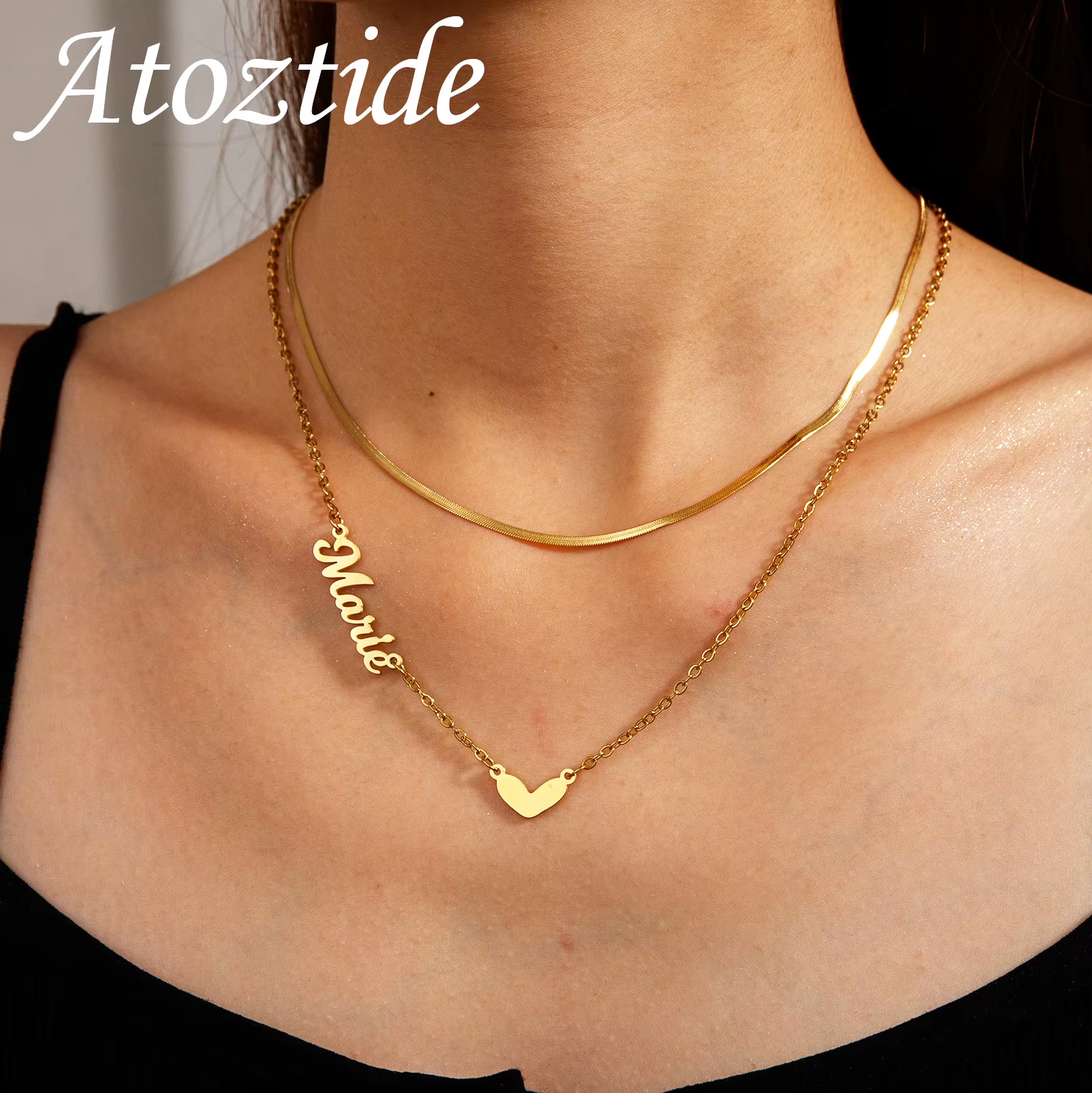 Custom Name Necklace - Personalized 2-Layer Heart Stainless Steel Choker | Birthday Gift Jewelry
