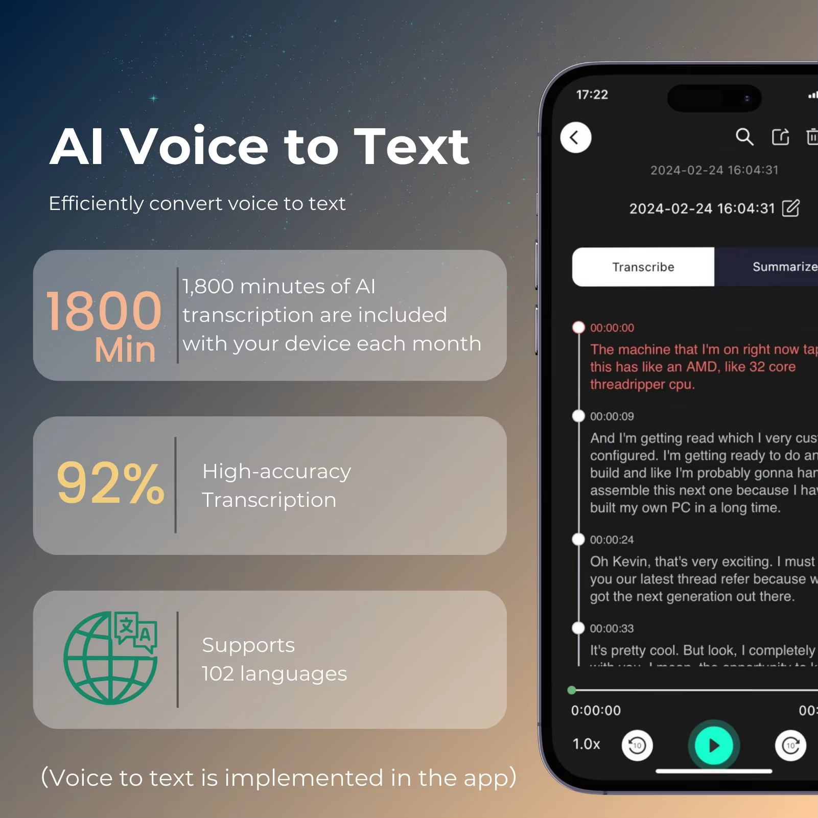 AI Voice Recorder - 64GB Transcription, Translation & Mind Mapping | Smart Dictaphone