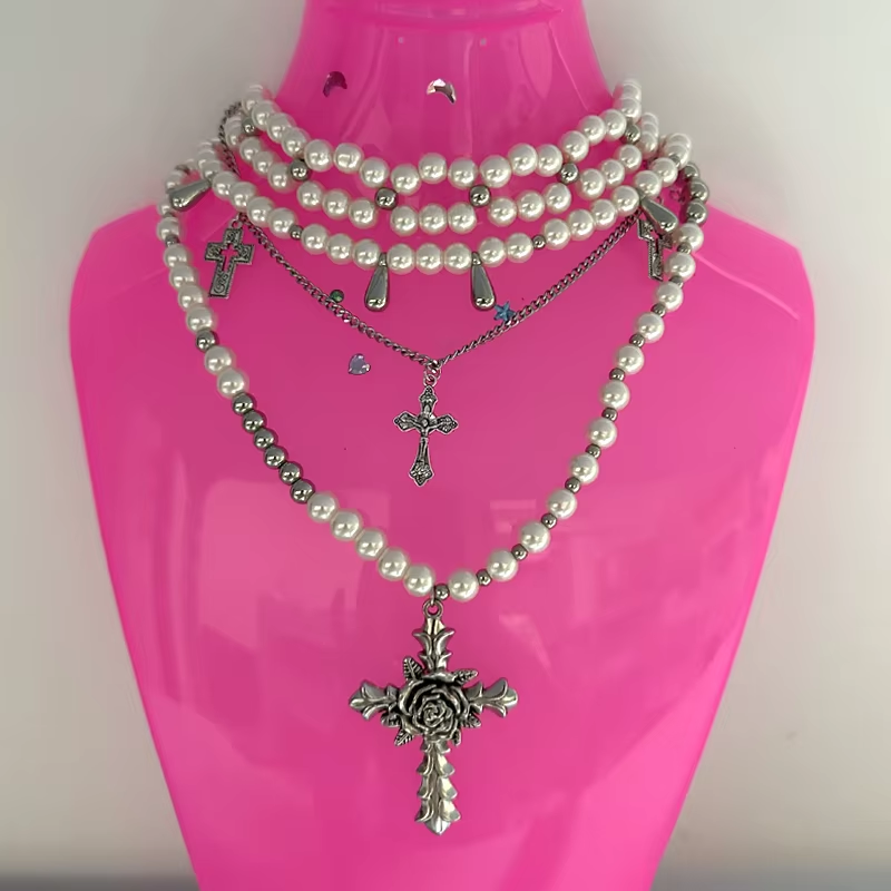 Y2K Pearl Cross Necklace Set - Multi-Layer Choker Charms | Korean Punk Goth Jewelry for Women