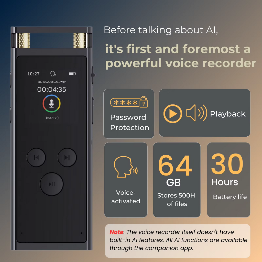 AI Voice Recorder - 64GB Transcription, Translation & Mind Mapping | Smart Dictaphone
