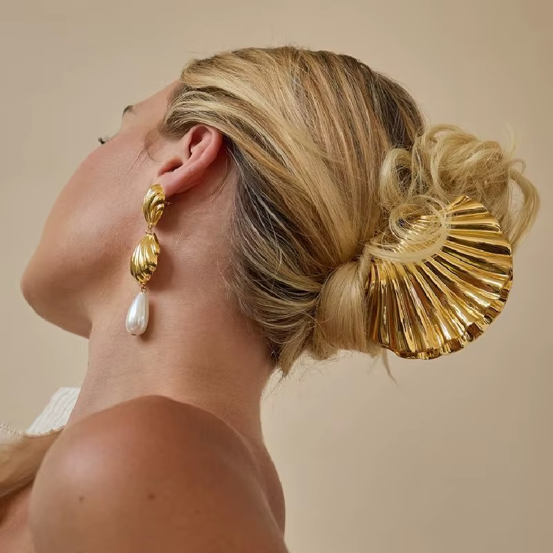 Gold Metal Hair Claw Clips Set - Shell Flower Shaped Big Jaw Clips | Retro Luxury Hair Accessories