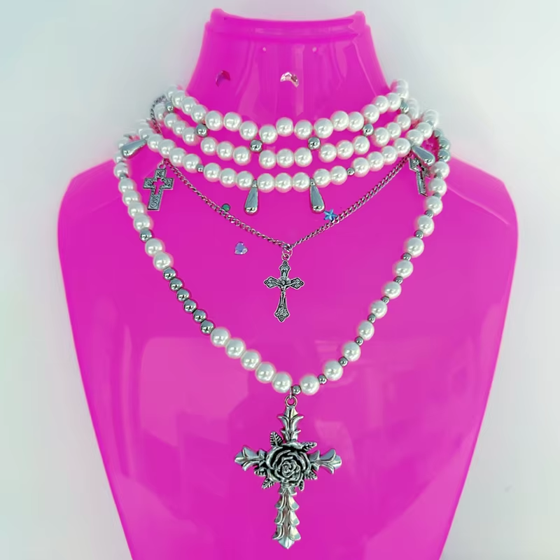 Y2K Pearl Cross Necklace Set - Multi-Layer Choker Charms | Korean Punk Goth Jewelry for Women