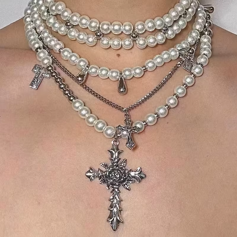 Y2K Pearl Cross Necklace Set - Multi-Layer Choker Charms | Korean Punk Goth Jewelry for Women